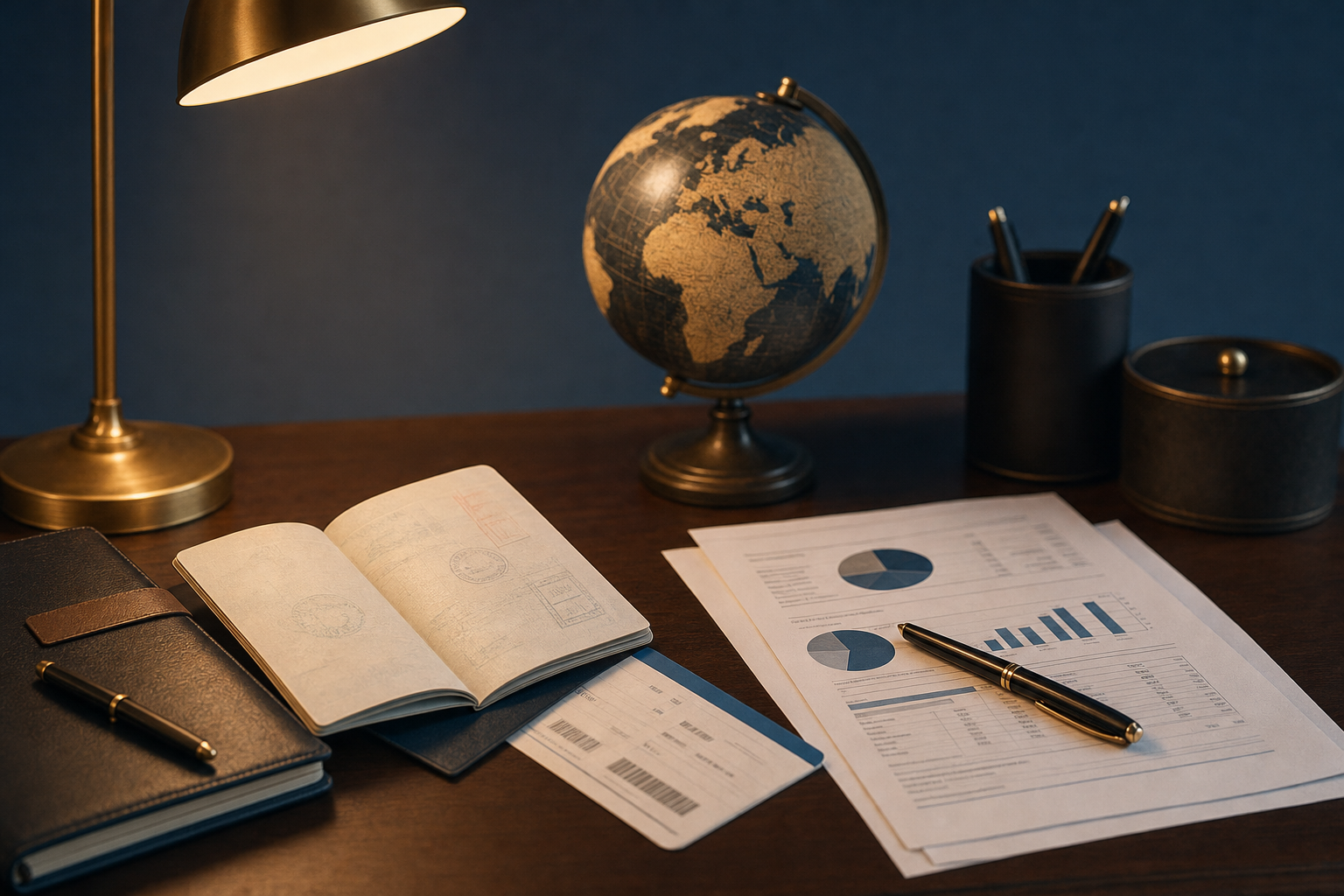 A passport, boarding pass, globe, and financial planning documents on a desk, representing financial life across two countries