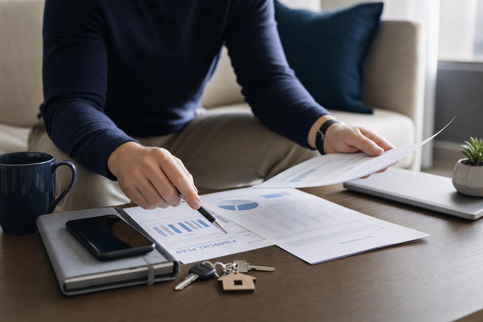A person reviewing financial planning documents and a house key on a table.