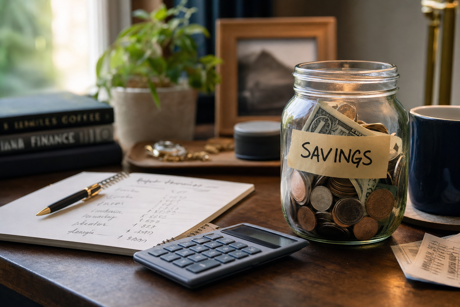 A glass jar labeled savings filled with cash and coins beside a notebook, calculator, and coffee mug on a home desk.