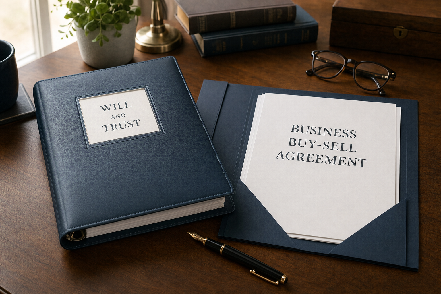 A will and trust binder beside a business buy-sell agreement folder on a wood desk.