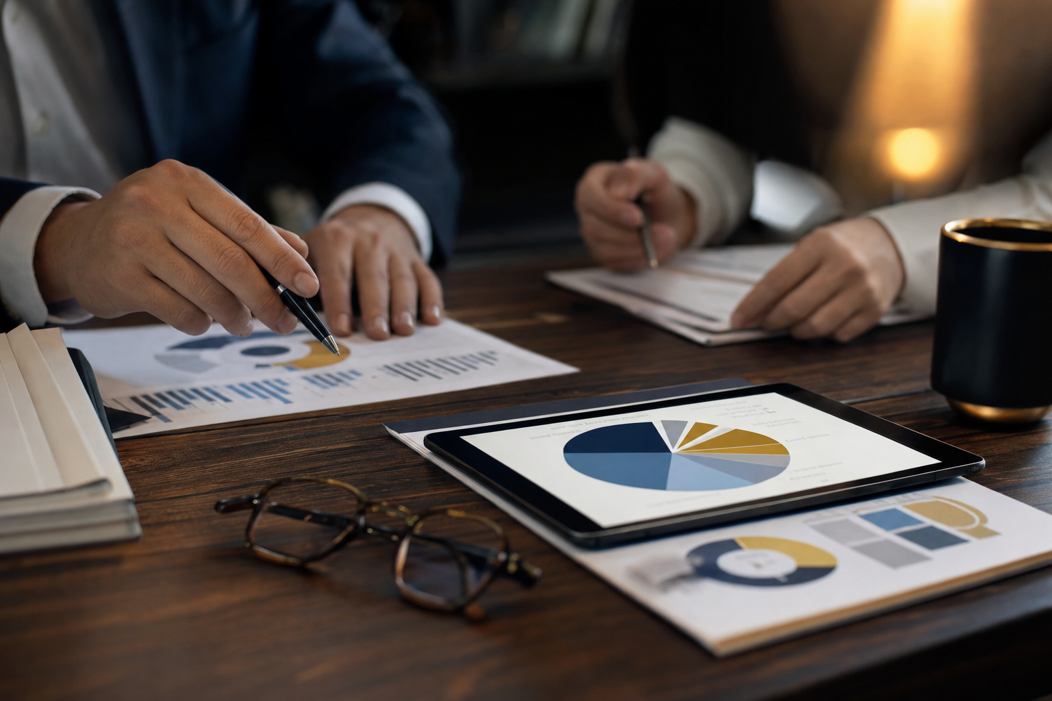 An investment committee reviewing printed portfolio allocation charts and a tablet showing fund allocation pie charts on a wood desk.