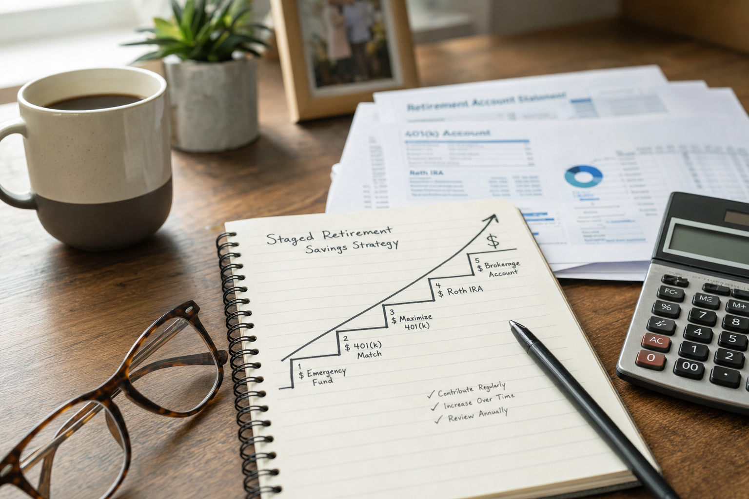 A handwritten notebook diagram of a staged retirement savings ladder beside 401(k) and Roth IRA account statements, a calculator, and reading glasses on a desk.