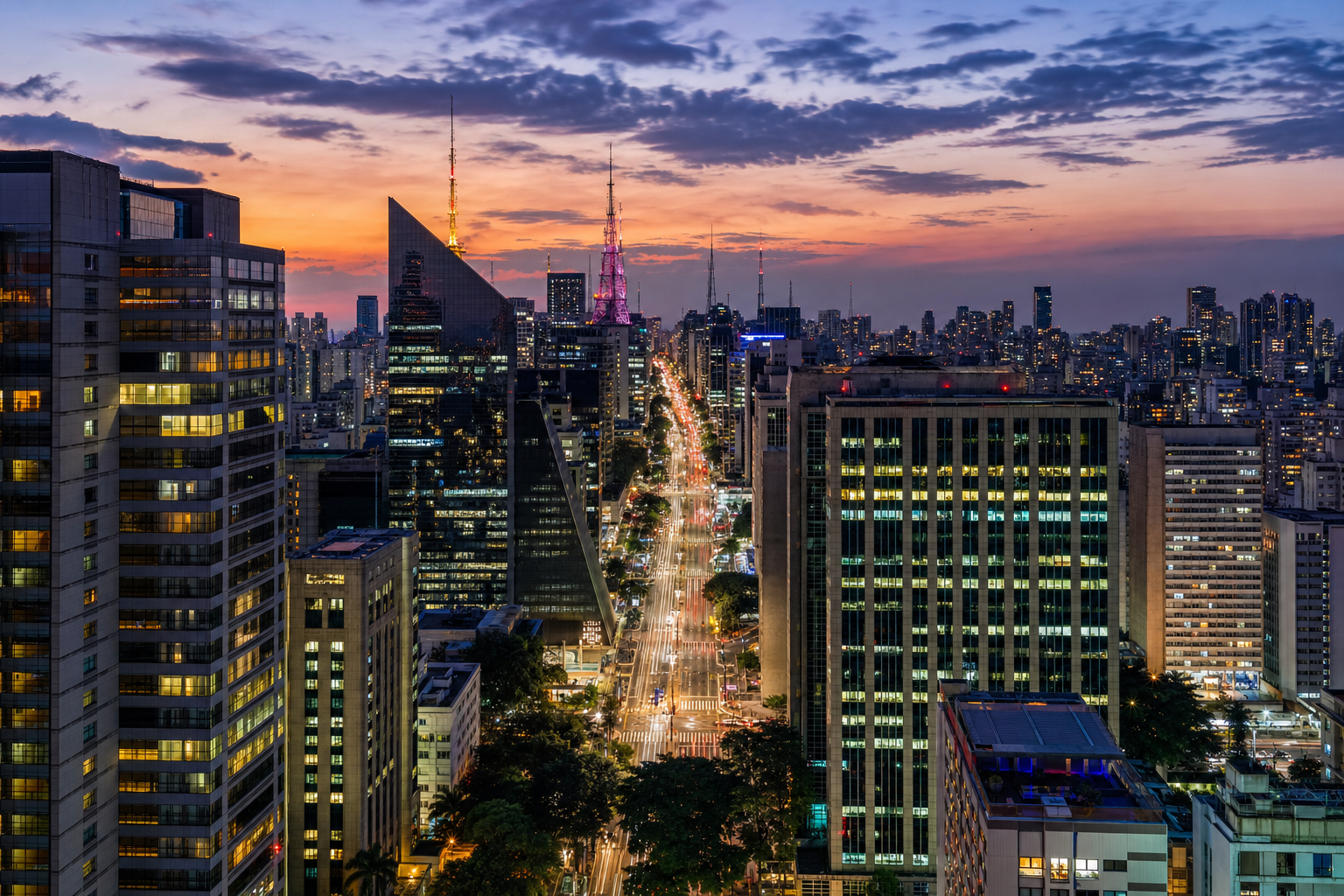 São Paulo skyline at dusk along Avenida Paulista, Brazil