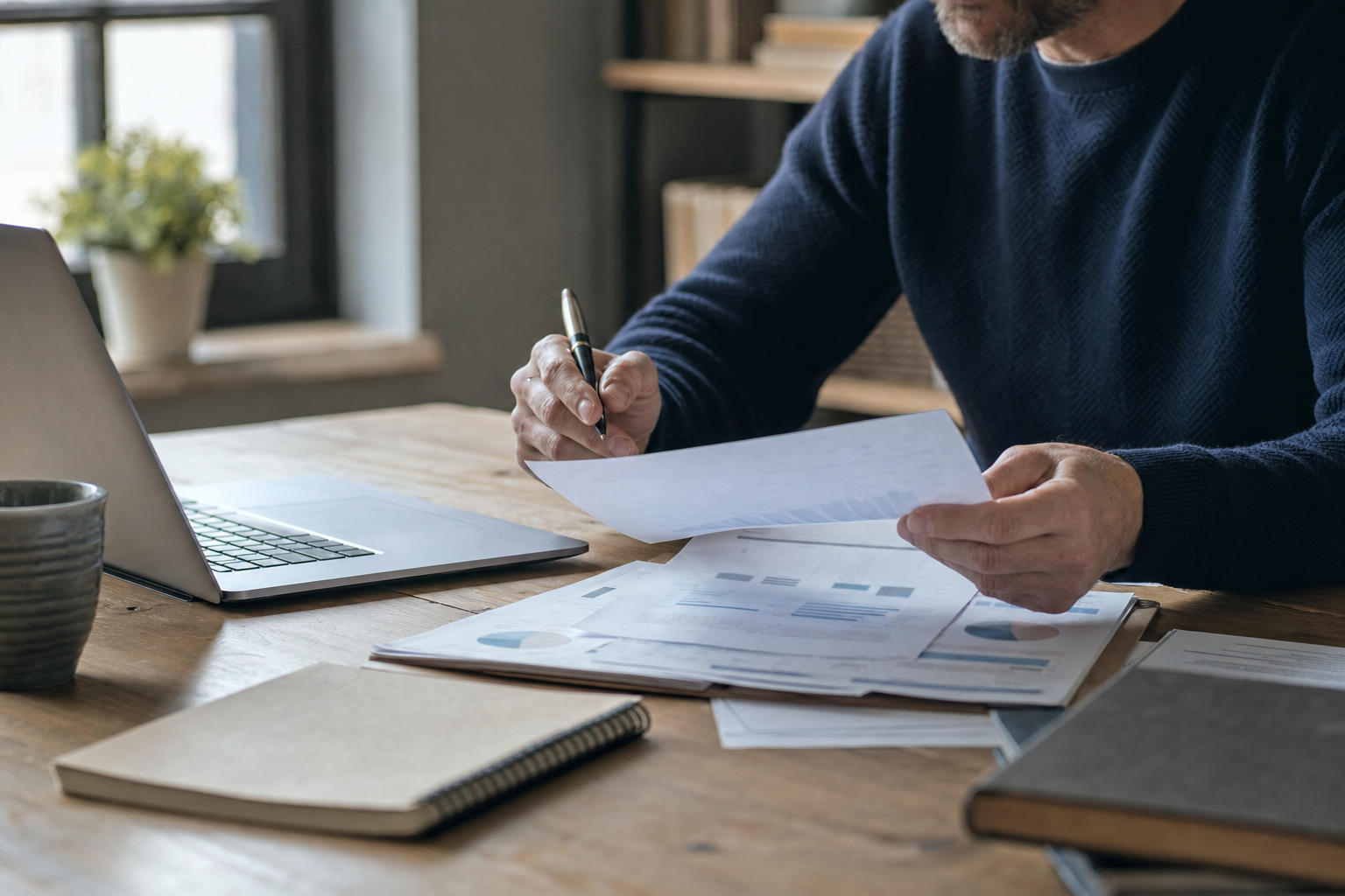 A small business owner reviewing retirement plan documents and a laptop at a wooden desk.